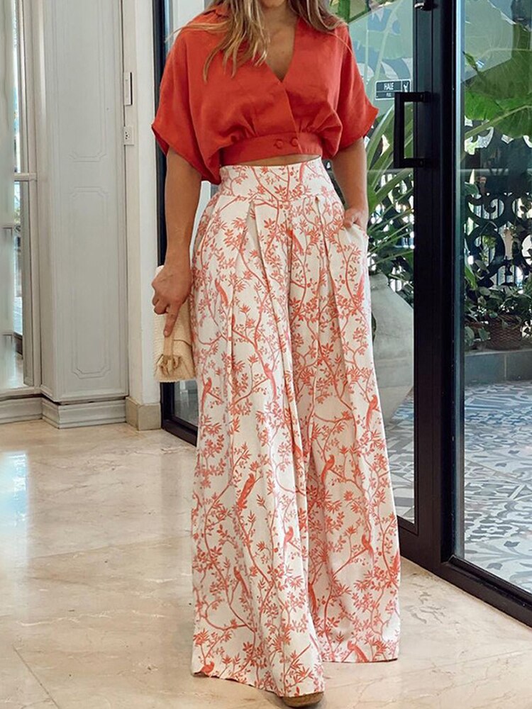 One Shoulder Puff Sleeve Top+Printed Wide Leg Trousers