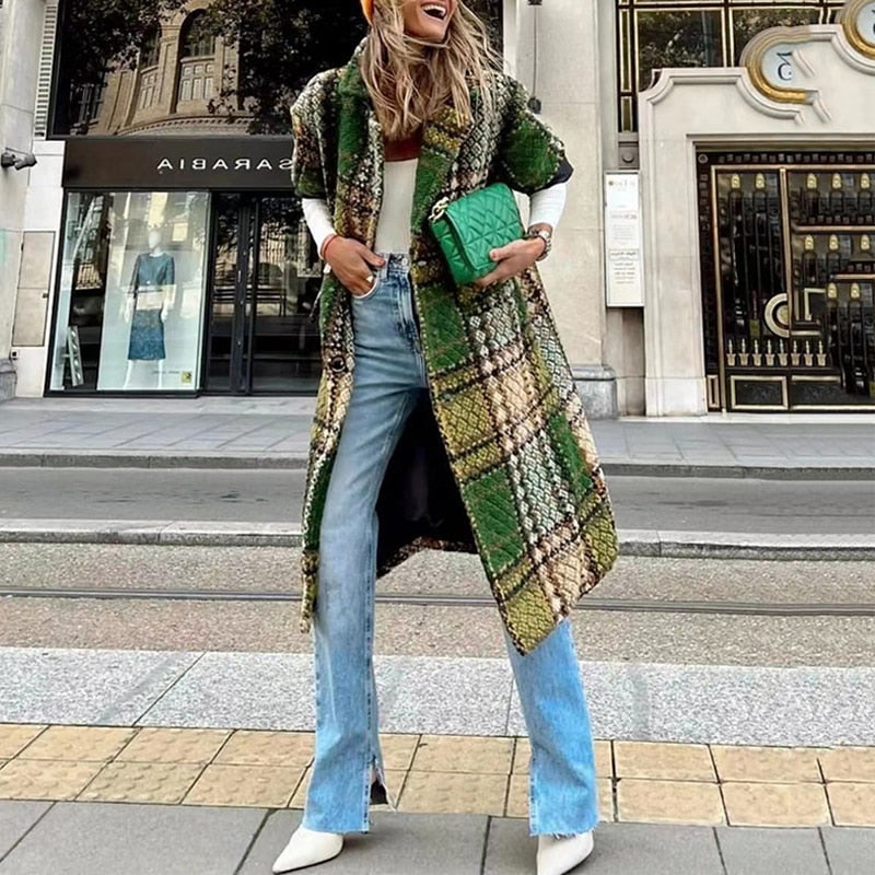 Fashion Plaid Print Long Cardigan Coats