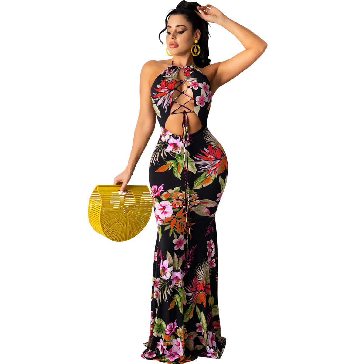 Halter Floral Printed Backless Maxi Dress