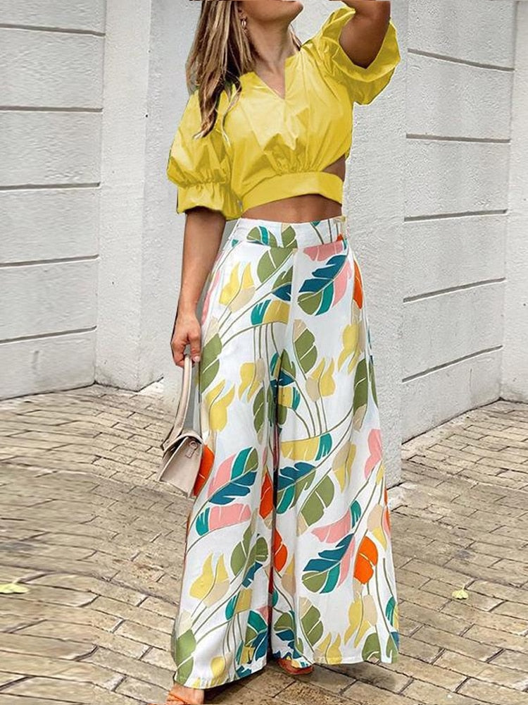 One Shoulder Puff Sleeve Top+Printed Wide Leg Trousers