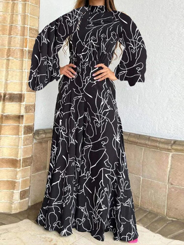 Spring Autumn Elegant Print Long Sleeve Loose Jumpsuit