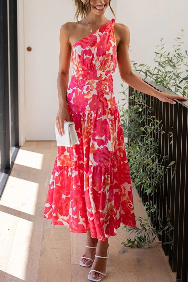 Boho One Shoulder  Floral Print A-line Summer Casual Dress