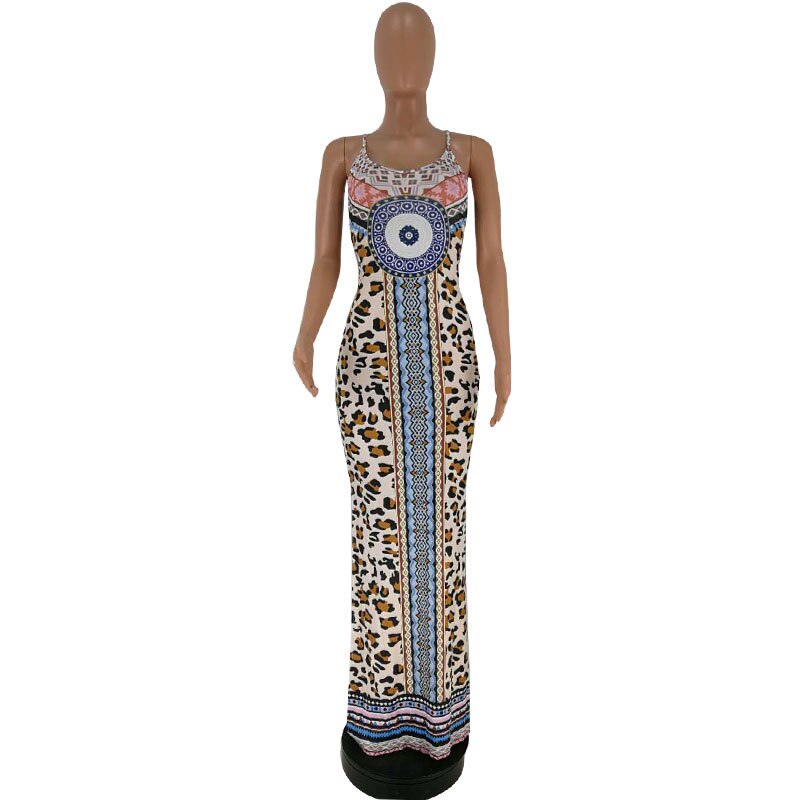 Leopard Print Spaghetti Strap Open Back Slim Maxi Dress