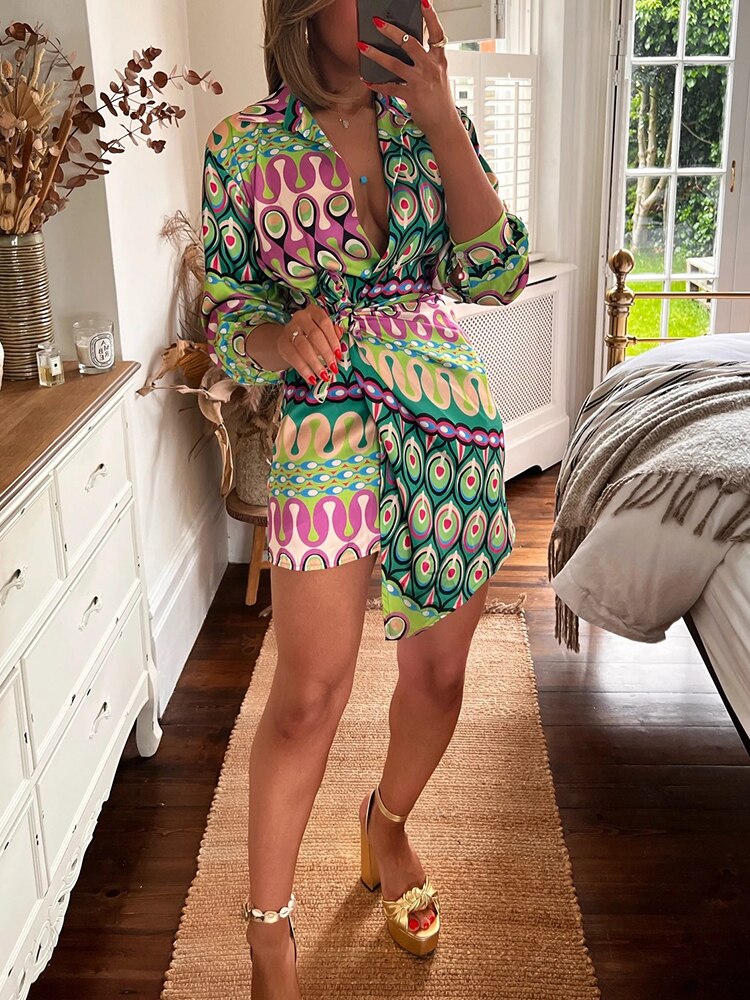 Sexy  Colorful Print Boho Beach Tie-Up Wrap Split Dress