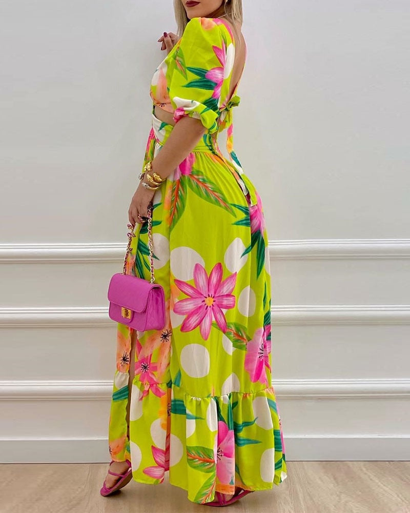 Long Sleeved Cutout V-Neck Twist Summer Elegant Tie Dyed Floral Printed Lantern Sleeve Split Maxi Dress