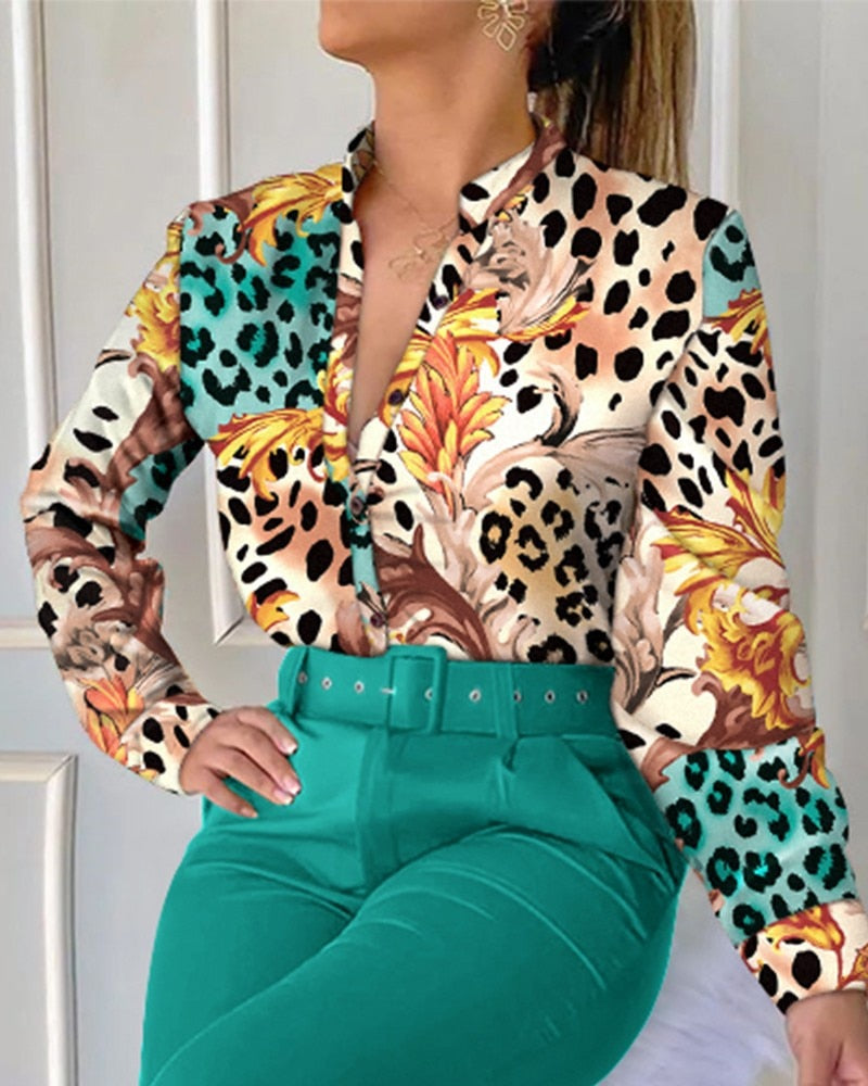 Autumn Fashion Print Stand-Up Collar Long-Sleeved Shirt Top with Belt Solid Color Trousers