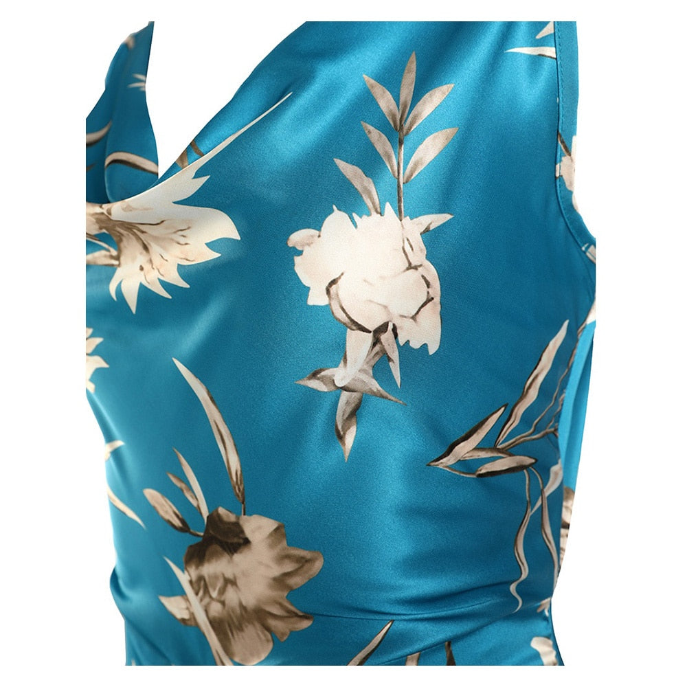 Cowl Neck Satin Ruched Floral Print Dress