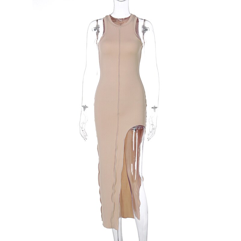 Patchwork Bodycon Solid Color Sleeveless Split Long Tank Dress