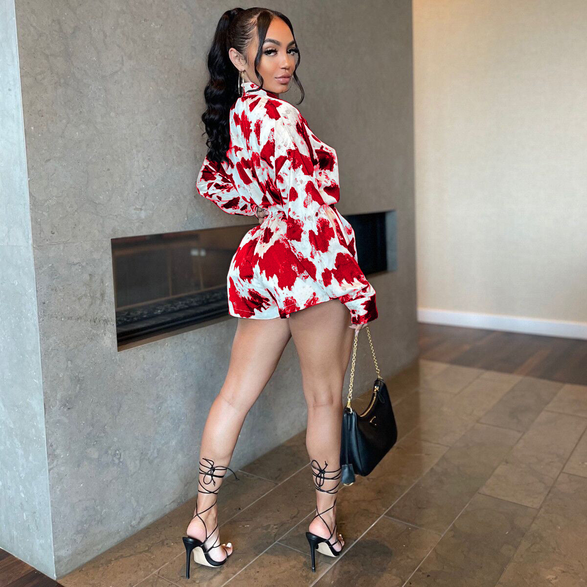 Chic Graffiti Printed Lapel Long Sleeve Shirt Tops and Shorts Suit