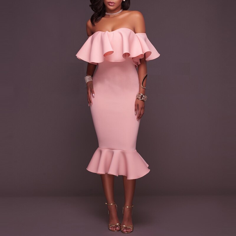 Casual Solid Color Off Shoulder Ruffle Slash Neck Dresses