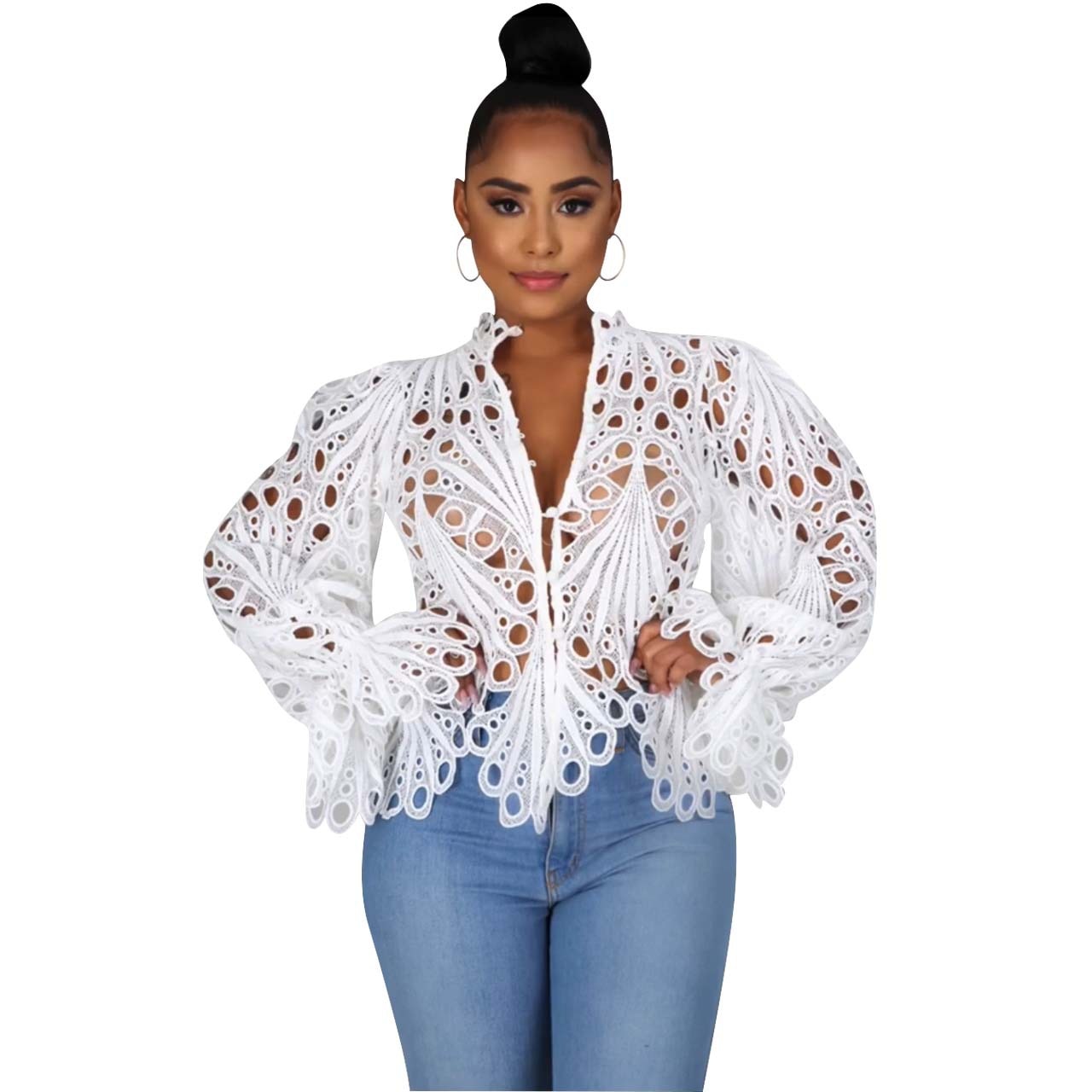 Elegant Short Sleeve Hollow Out Lace Sheer See Through Blouse