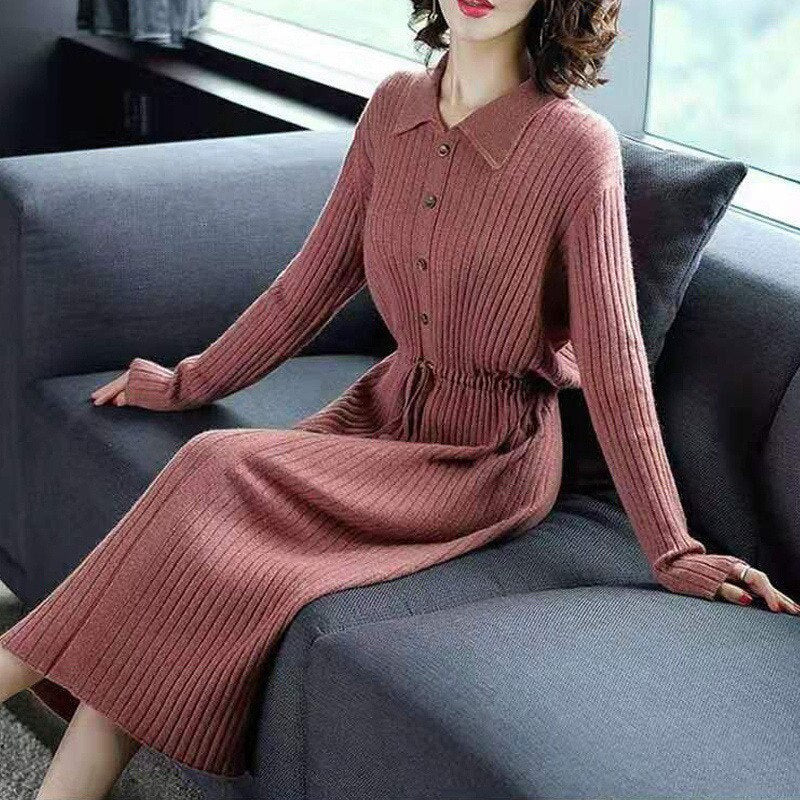 Autumn Winter Elegant Lace Up Button Slim Soft Knitted Sweater Midi Dress