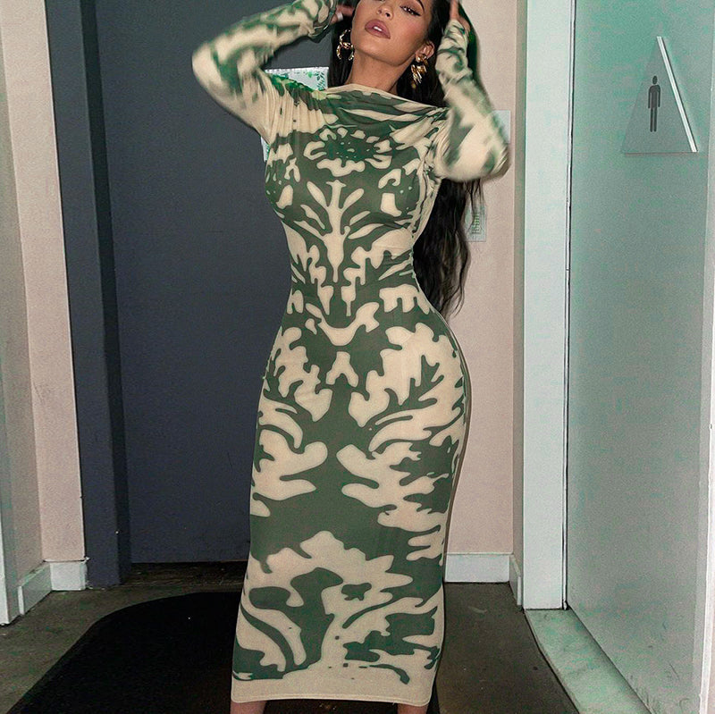 Long Sleeve Backless Sexy Camouflage Dress