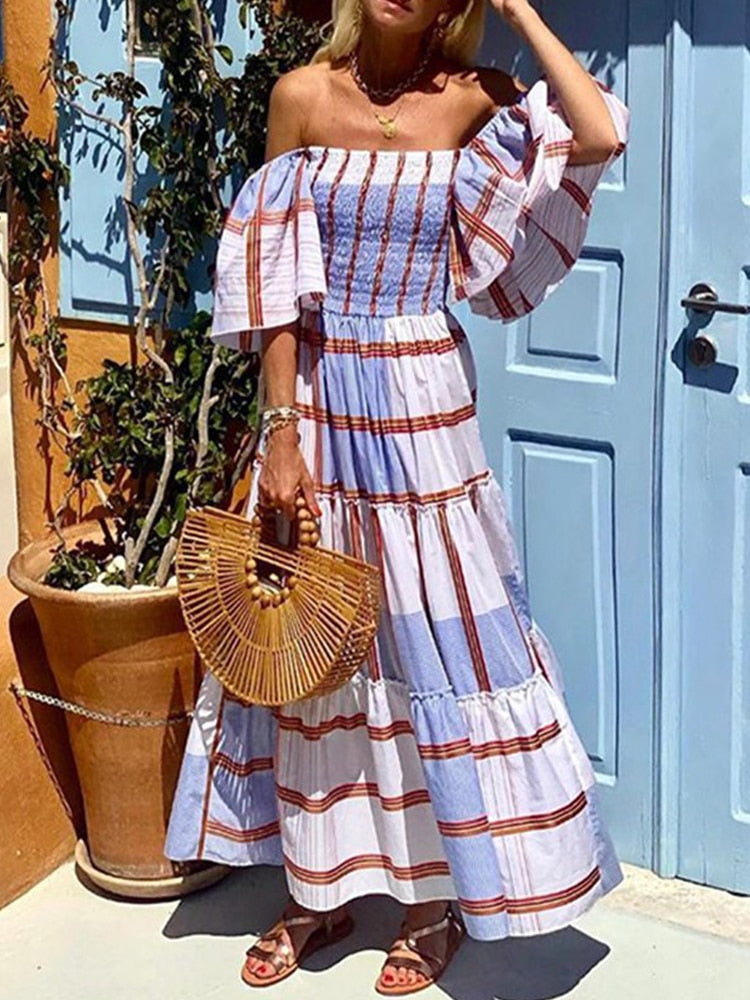 Summer Plaid Print A-line Off the shoulder Boho Beach Dress