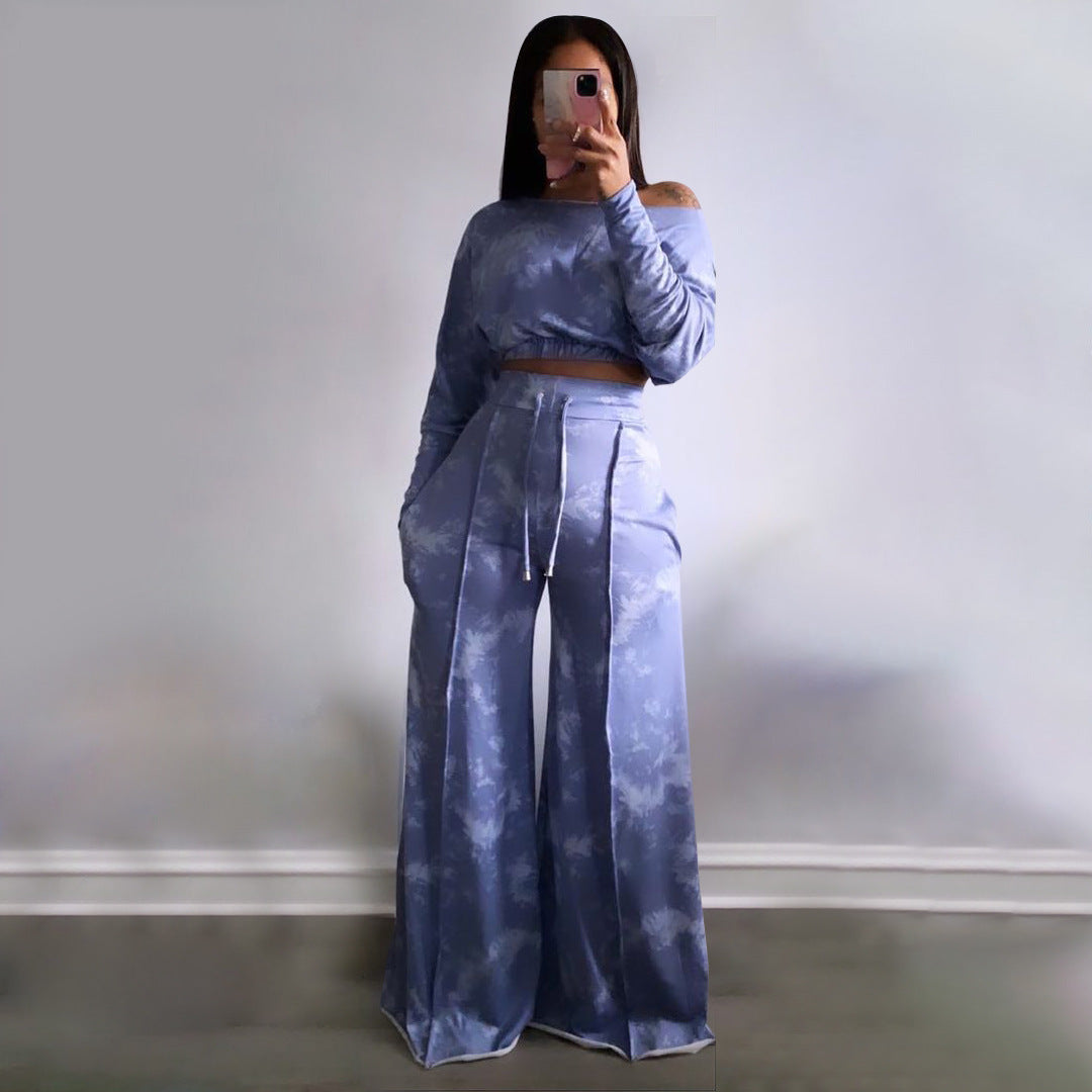 Tie Dye  Off Shoulder Long Sleeve T-shirt and Loose Pants Matching2 Piece Set