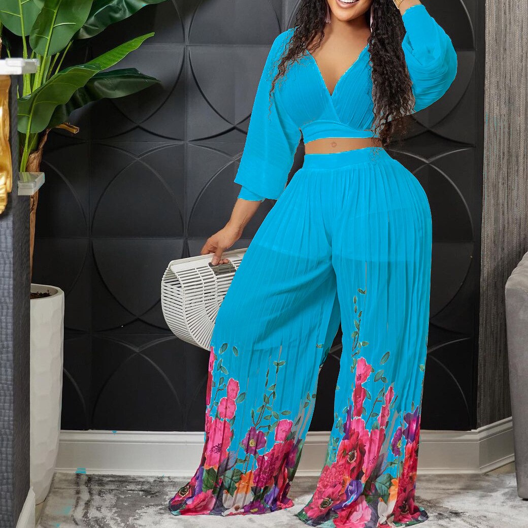 Casual Long Sleeve Deep V Top Elastic Long Pants  2 Piece Set