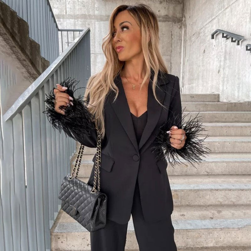 Feather Blazer Two Piece Set Women Solid Long Sleeve Top And Pants Suits