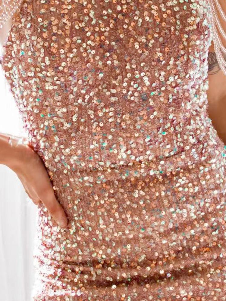 Halter Neck Crystal Tassel Sequin Mini Dress