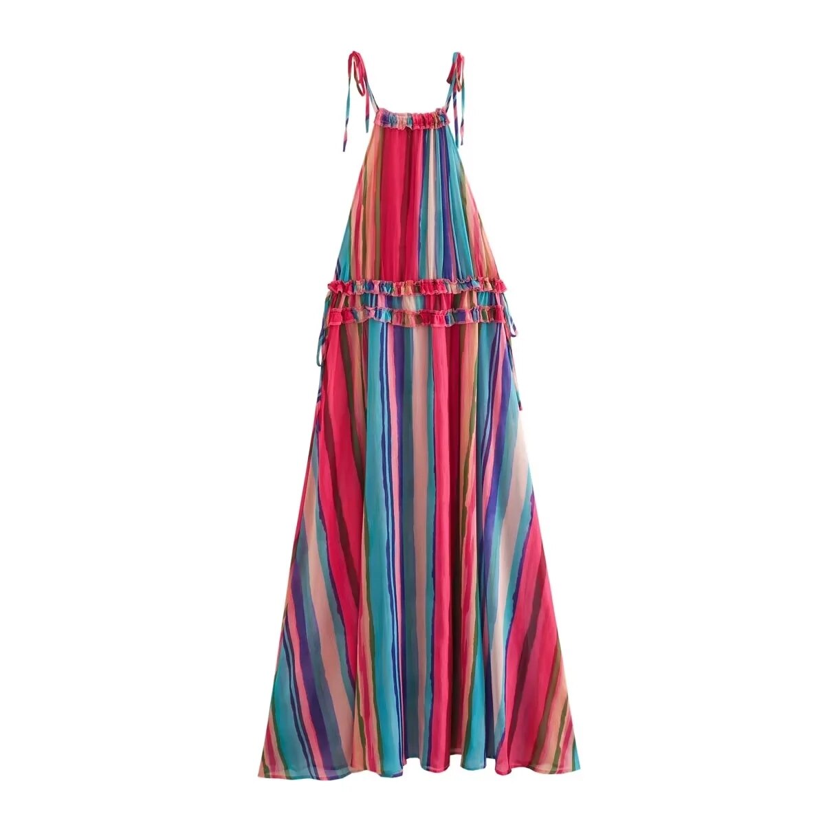 Sleeveless Beach Striped Ruffle Maxi Dress