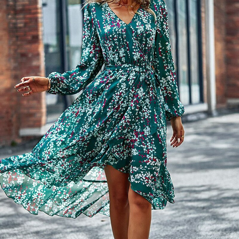 Elegant Printed Boho V Neck Single Breasted Lantern Sleeve Dress