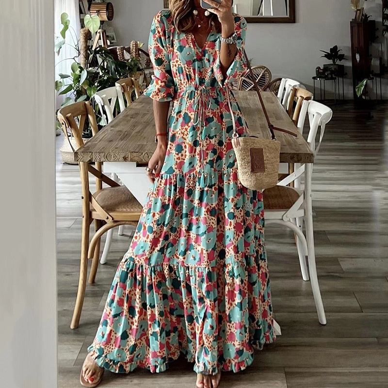 Drawstring Waist Pleated Floral Print Long Sleeve Big Hem Maxi Dress