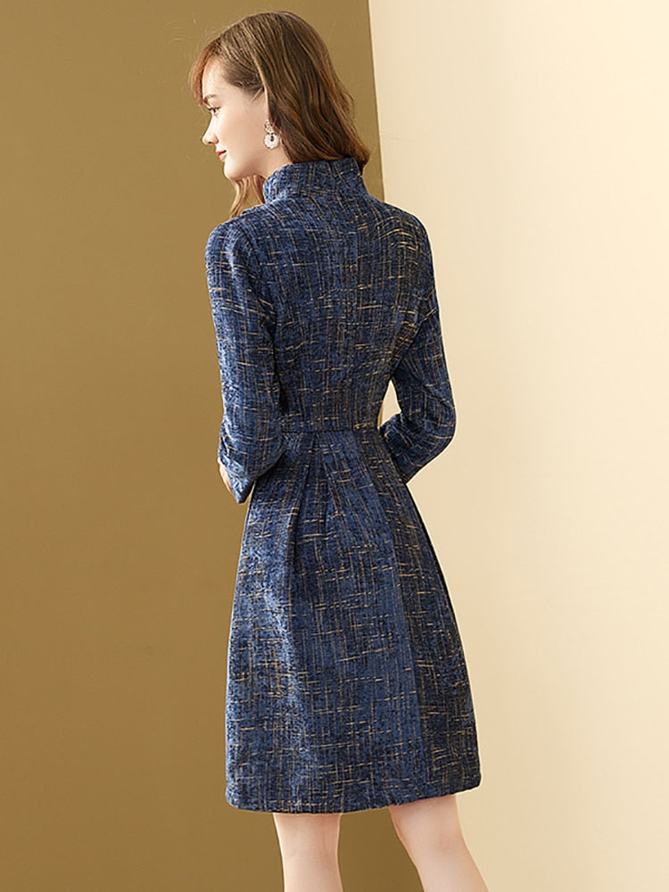 Blue Plaid Woolen Half-high Collar A-line Office Dress