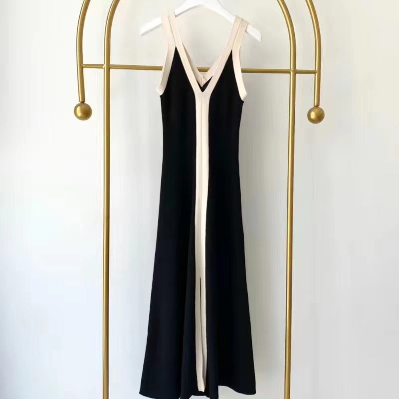 Fashion Women V-neck Sleeveless Knitted Long Dress