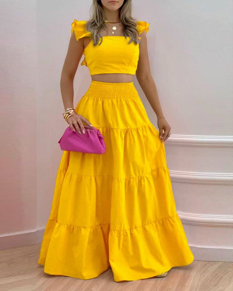 Summer Crop Top & High Waist Loose Maxi Skirts Set
