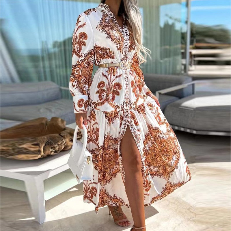 Elegant Printed Boho V Neck Single Breasted Lantern Sleeve Dress