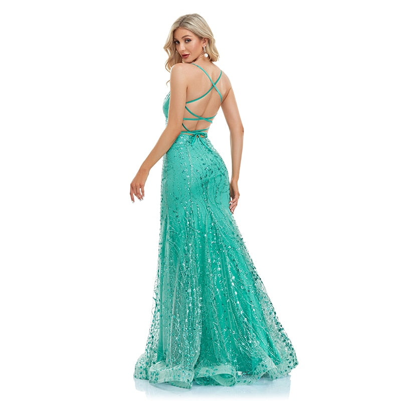 Sequin Sparkly Luxury Spaghetti Straps Mermaid Elegant Green Bodycon Backless Bandage Evening Dresses