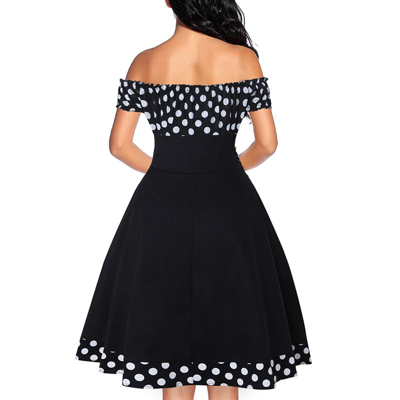 Polka Dot Printed Sexy Off shoulder A Line Rockabilly Vintage Party Dress