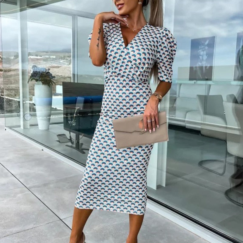 Elegant Graphic Print Deep V-neck Wrap Midi Dress