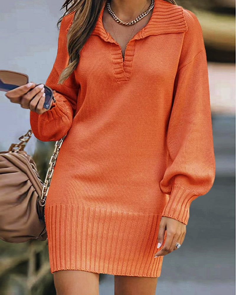 Autumn Long Sleeve V Neck Turn-down Collar Mini  Lantern Sleeve Knitted Sweater Dress