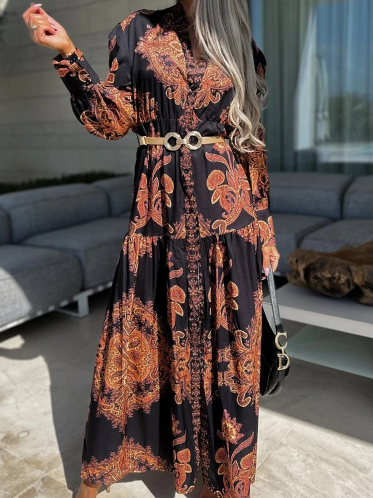 Elegant Printed Boho V Neck Single Breasted Lantern Sleeve Dress