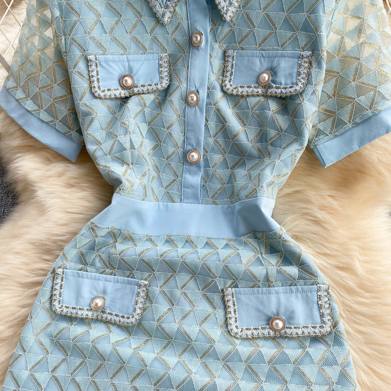 Summer Elegant Short-sleeved Turn Down Collar Buttons Geometric Dress