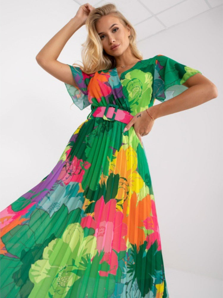 Summer  V-neck Printed High Waist Pleated  Dresses