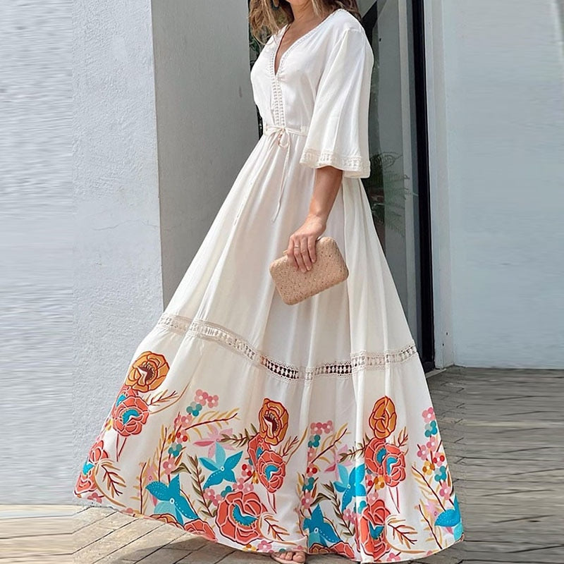 Elegant Loose Tie-Up Ruffle Print A-Line Maxi Dress