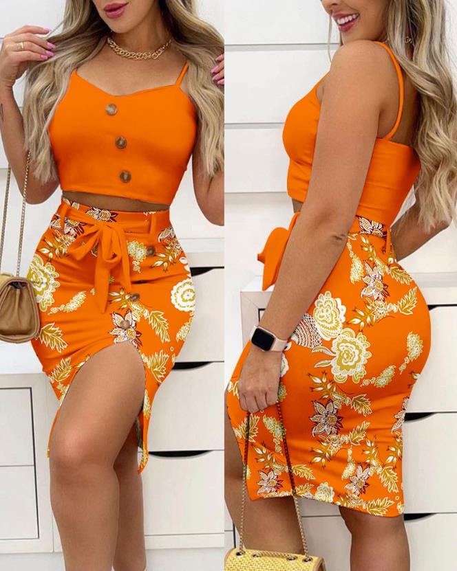 Spring Fashion Button Decor Sleeveless Crop Cami Top & Casual Floral Print Split Skirt Set