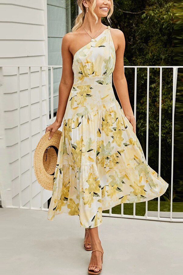 Boho One Shoulder  Floral Print A-line Summer Casual Dress