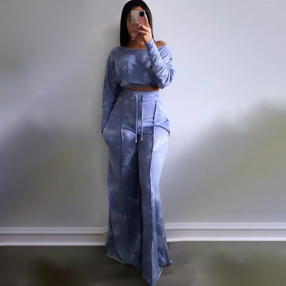 Tie Dye  Off Shoulder Long Sleeve T-shirt and Loose Pants Matching2 Piece Set