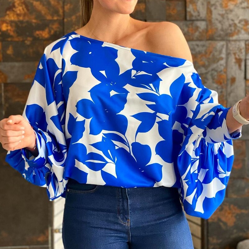 Casual Graphic One Cold  Shoulder Puff Sleeve Blouse