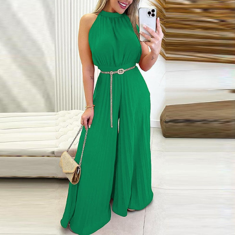 Summer Solid Color Halter Lace-up Jumpsuits