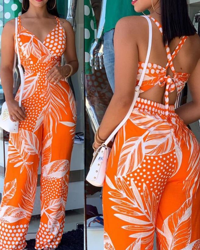 Tropical Print Spaghetti Strap Jumpsuit