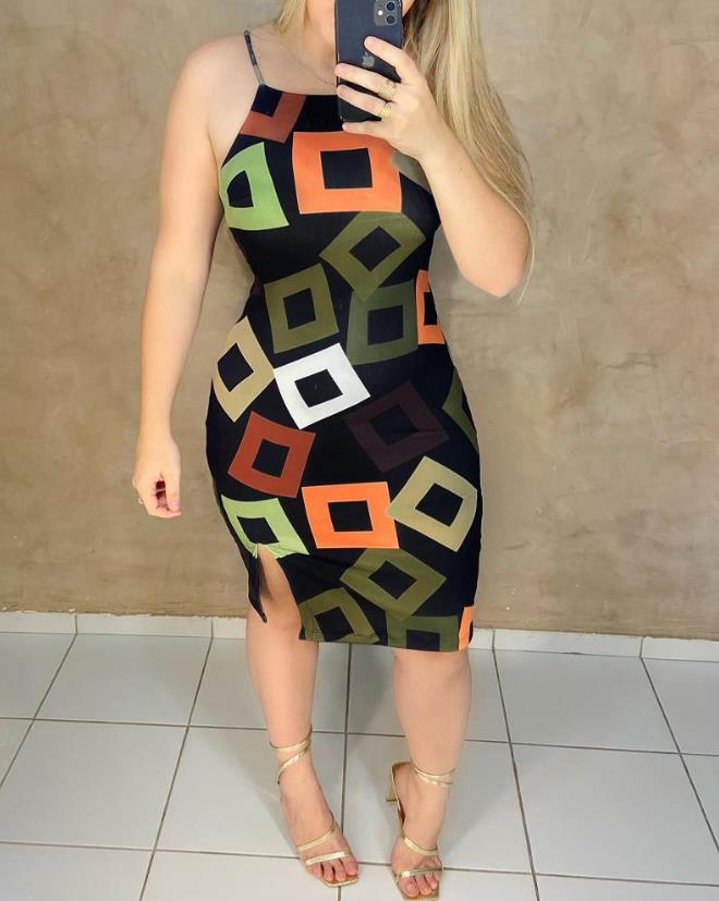 Summer Fashion Geometric Print Sexy Split Hem Square Neck Sleeveless Bodycon Dress