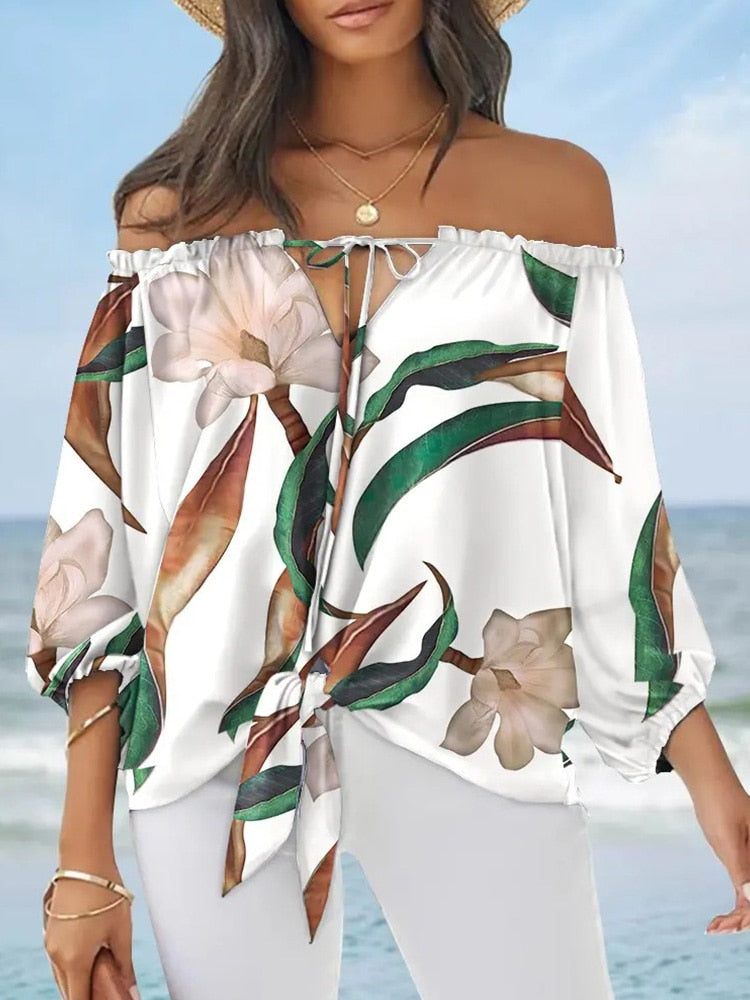 Plants Print Tied Detail Off Shoulder Blouses