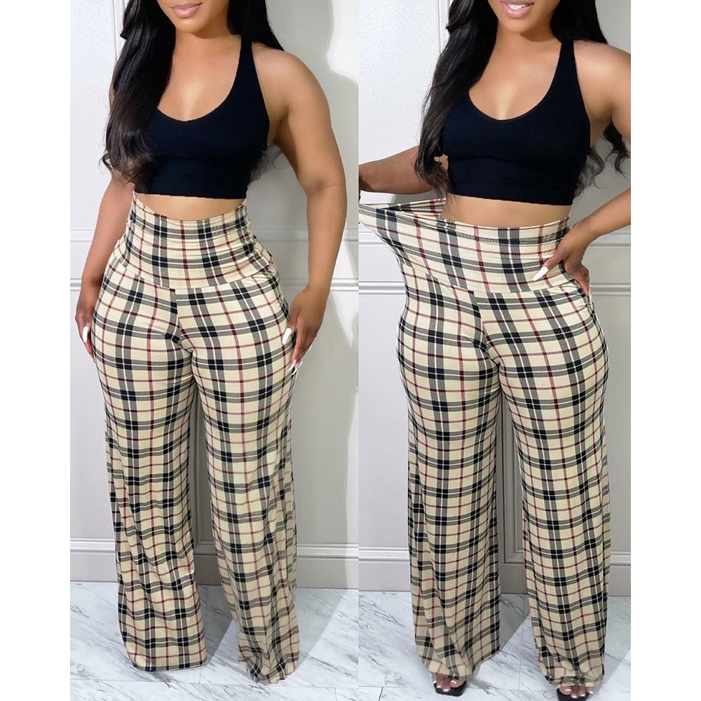 Spring Autumn Women Casual High Waist Plaid Print Wide Leg Pants