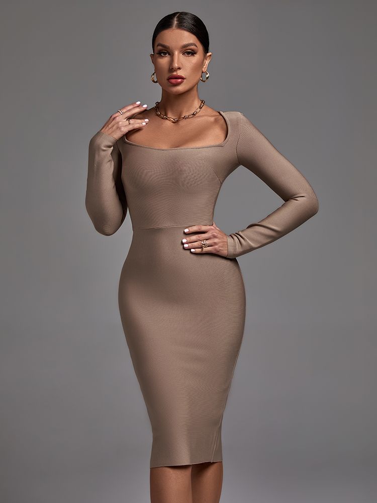 Khaki Long Sleeve Bandage Dress