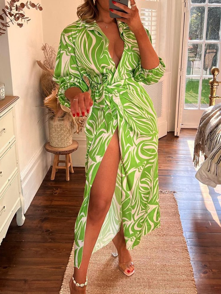 Sexy  Colorful Print Boho Beach Tie-Up Wrap Split Dress