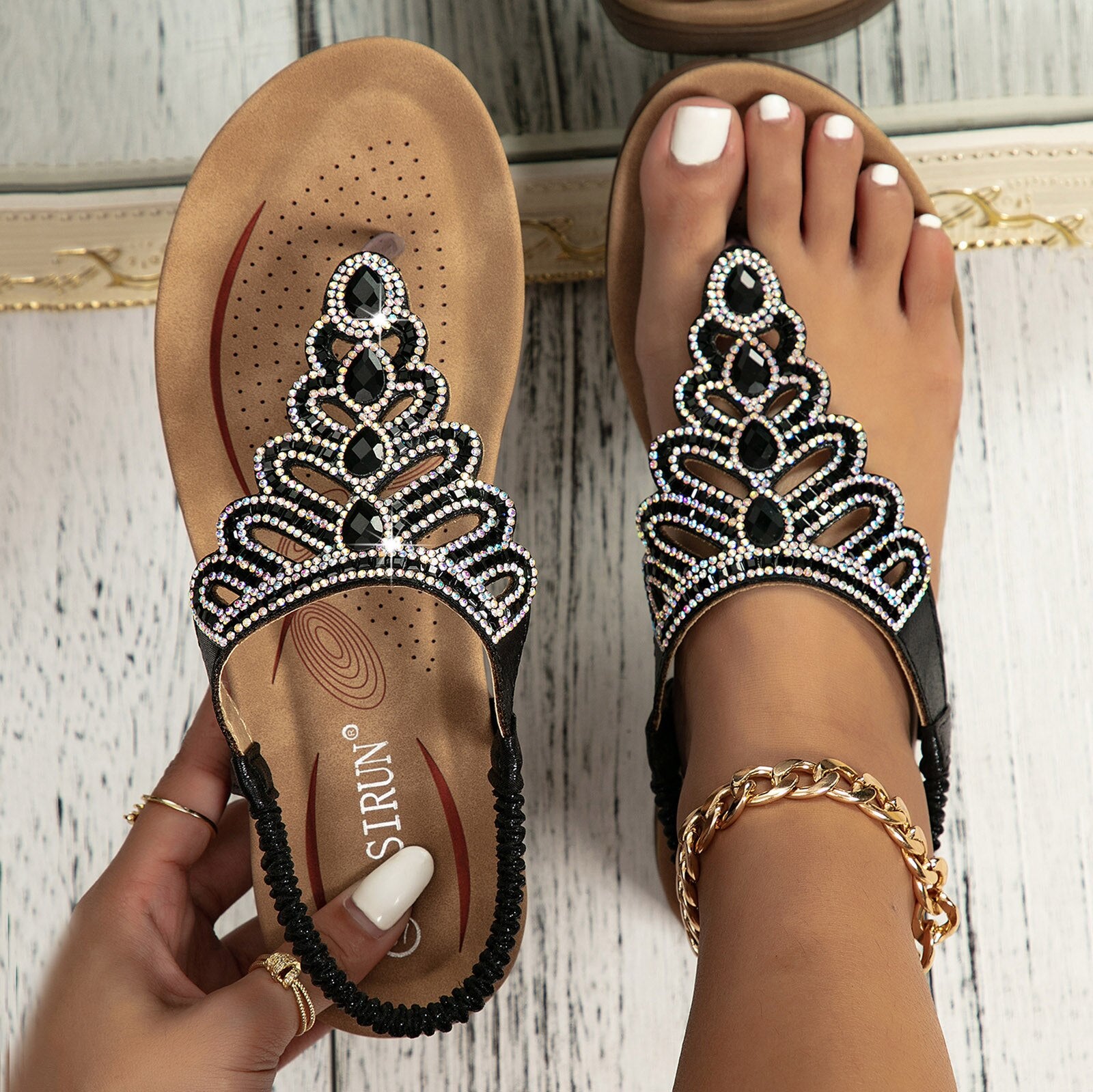 Casual Bohemian Crystal Rhinestone Decor Scallop Trim Thong Sandals