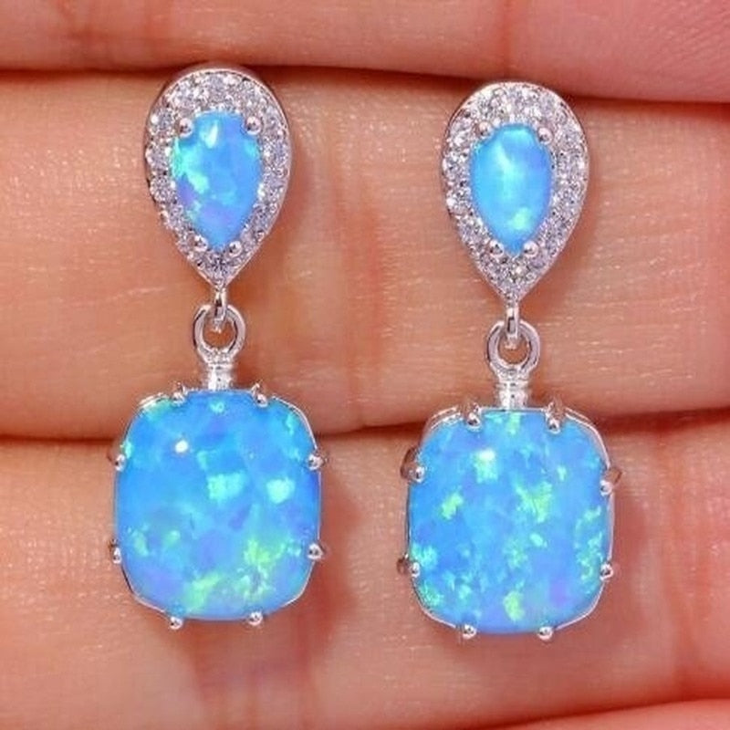 Shiny Silver Color Water Drop Square Inlaid with Blue Stone Dangle Earrings